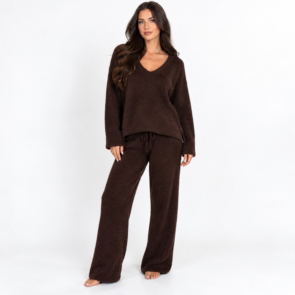 MEROKEETY Womens Fuzzy Popcorn Knit Lounge Set S Brown VNeck Wide Leg Comfy Cozy